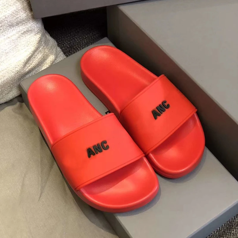 

2021 Summer breathable flip flops men's outdoor non-slip beach women's slippers flat gray letter slippers slippers