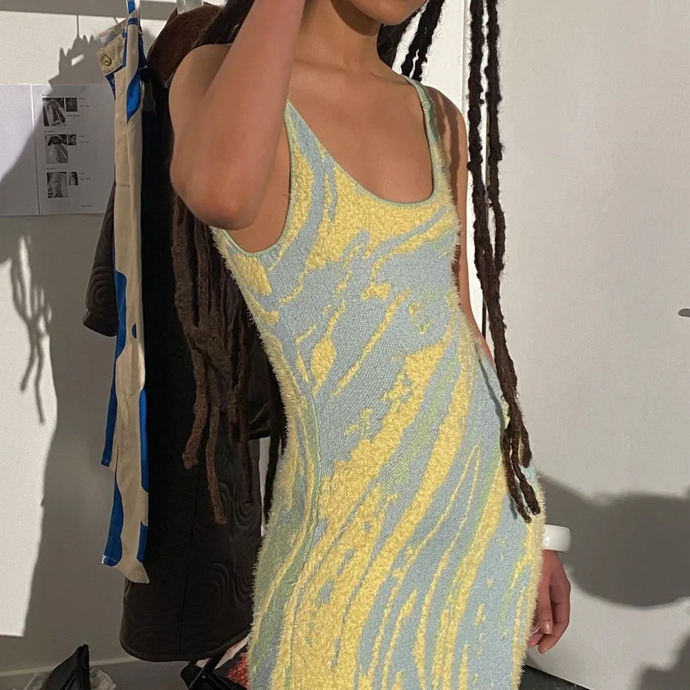 

Summer Print Knit Bodycon Dress Women Green Y2K Hollow Out Sexy Sleeveless Spaghetti Strap Beach Midi Dresses Party