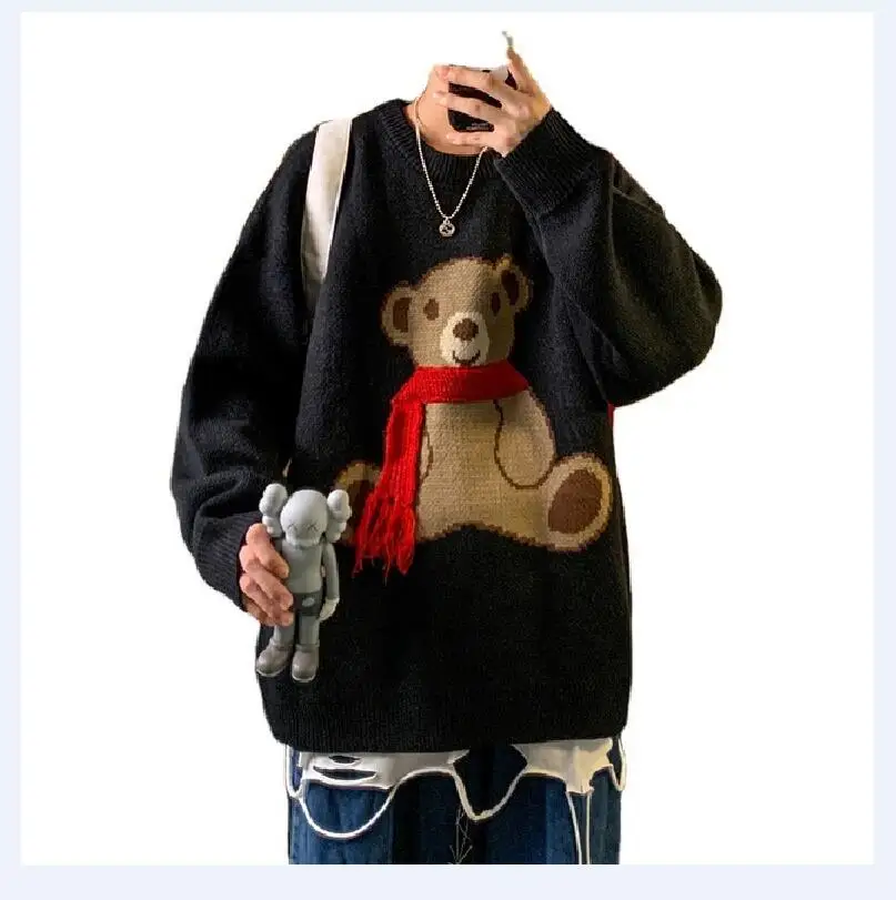 

Autumn Winter Round Neck Hedging Men's Sweater Korean Version Trend Loose Lazy Wind Little Bear Printing Couples Knitted