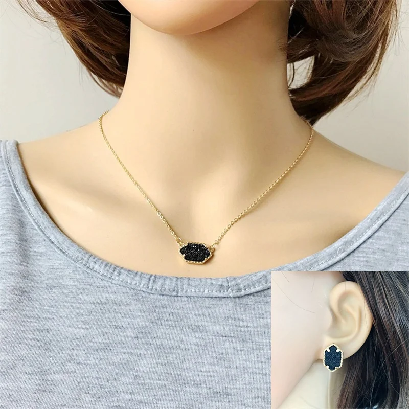 Druzy Drusy ожерелье серьги ювелирный набор кристалл смолы с камнем Золотой Бренд
