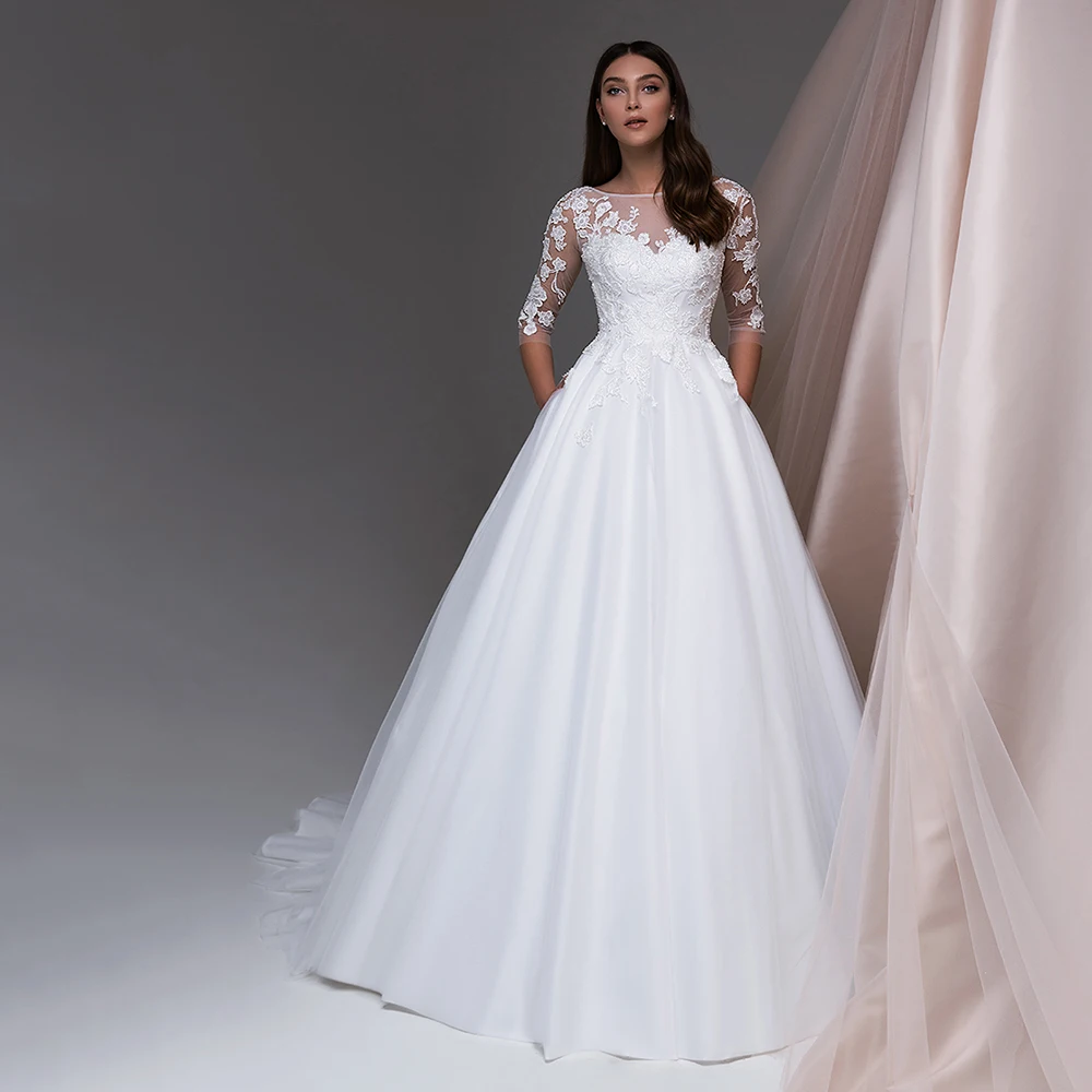 

Sweetheart Wedding Dresses Elegant A Line Three Quarter Illusion Applique Beading Vestido De Novia Simple Bridal Gown