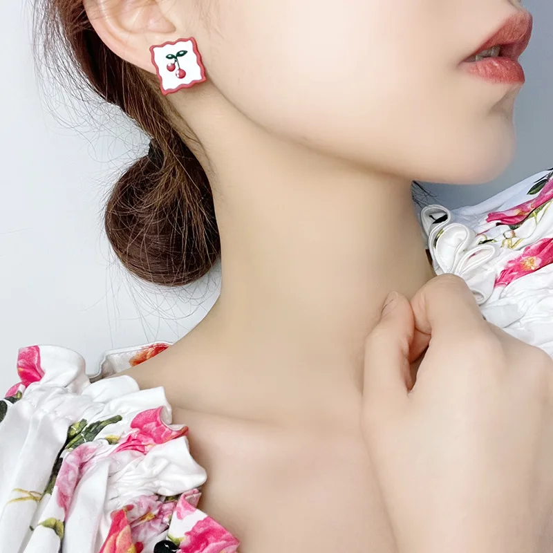 

LOVOACC Sweet White Color Enamel Cherry Earrings for Women Red Fruit Love Heart Round Square Geometric Stud Earrings Oorbellen