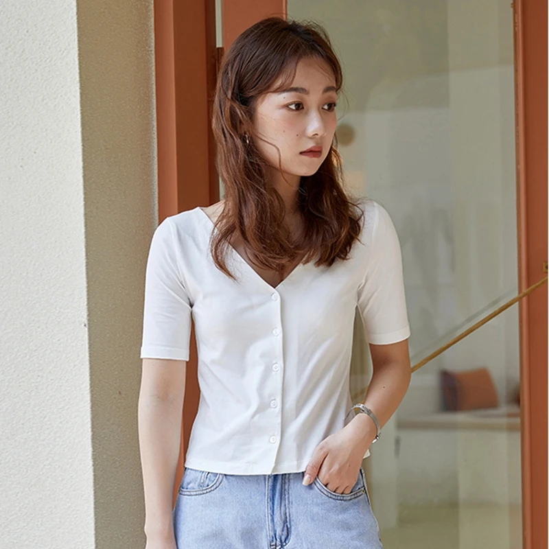 

BETHQUENOY Short Sleeve Summer Tops V-neck Cotton Clothes Oversized T Shirt Casual Vetemznt Femme Tshirt Mujer Women 2021
