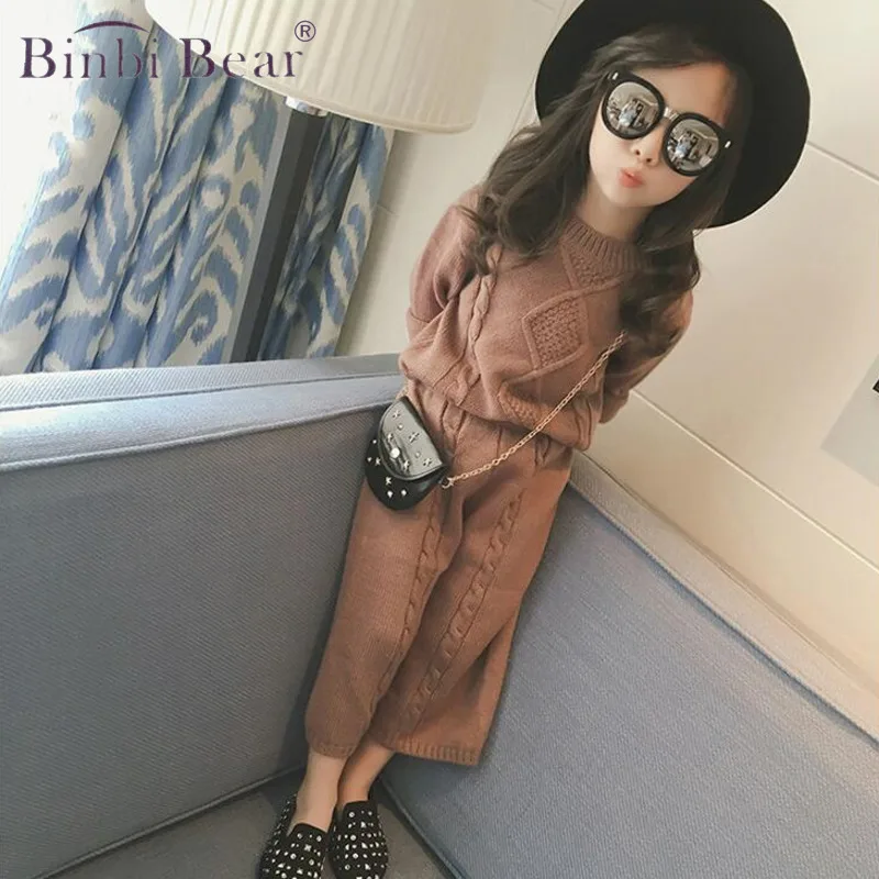 

Одежда для девочек на весну и осень, новая детская одежда, Зимний вязаный костюм с открытым топом и юбкой, свитеры для девочек-подростков, пу...