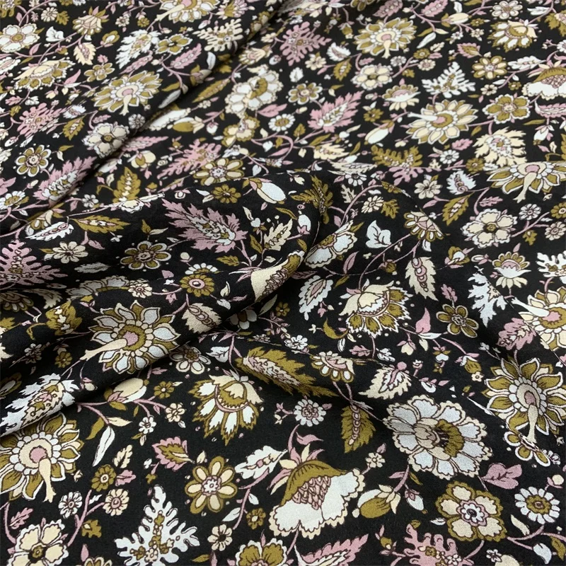 

140CM Wide 19MM Floral Print Black Silk Crepe Fabric for Summer Dress Shirt Cheongsam Suit Pants G020
