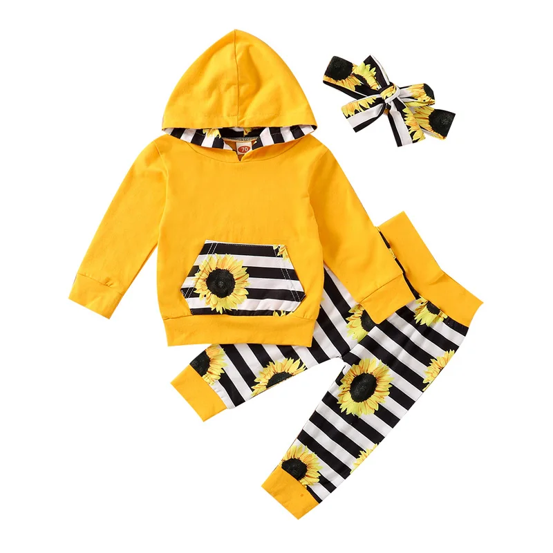 

Pudcoco 3Pcs 0-24M Baby Girl Fall Clothes Cute Sunflower Stripes Printed Long Sleeve Top + Pants + Headband Outfits Set