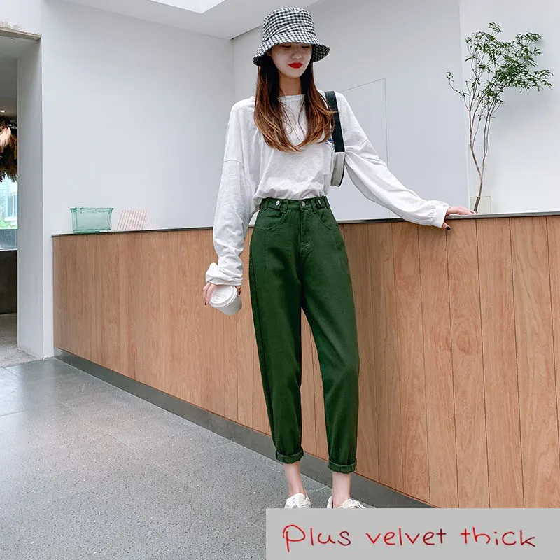 

High waist jeans for girls plus velvet thick jeans women 2021 winter new loose straight leg Harlan carrot pants Women's jeans