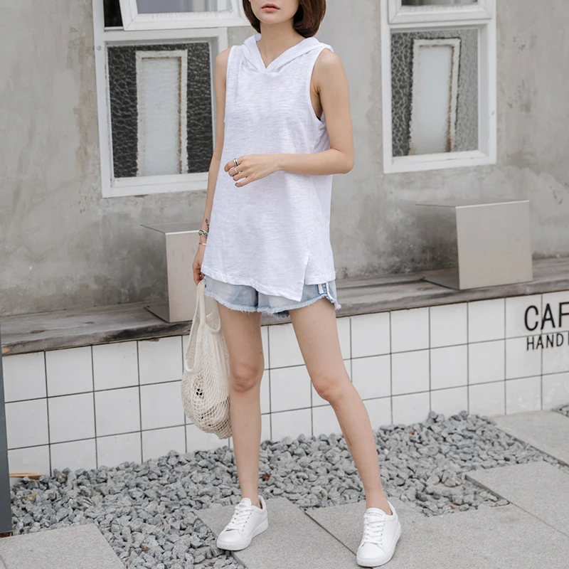 Женские футболки без рукавов с капюшоном длинные из бамбукового хлопка