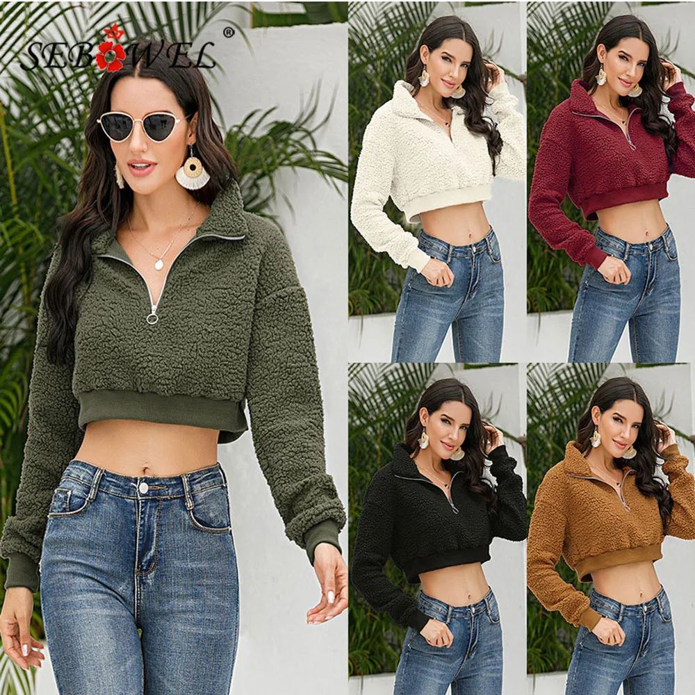 

SEBOWEL Autumn Winter 2020 Women's Short Style Plush Sweatshirts Female Lamb Zipper Crop Top Sweatshirts Lady Long Sleeve Tops