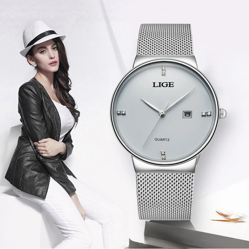 2019 LIGE женские часы розовое золото черные кварцевые повседневные