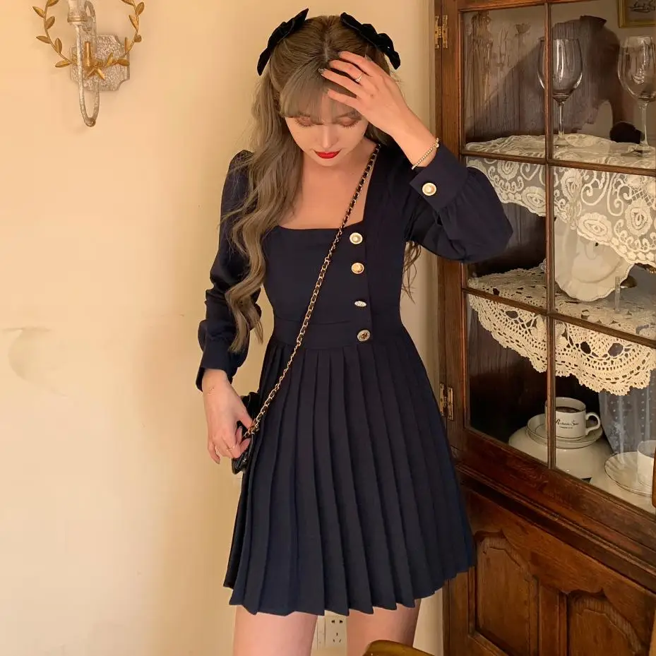 

2021 Spring New Academy Style French Retro Girl Waist Closed Slim Women's Dress Medium Length Pleated Skirt Temperament