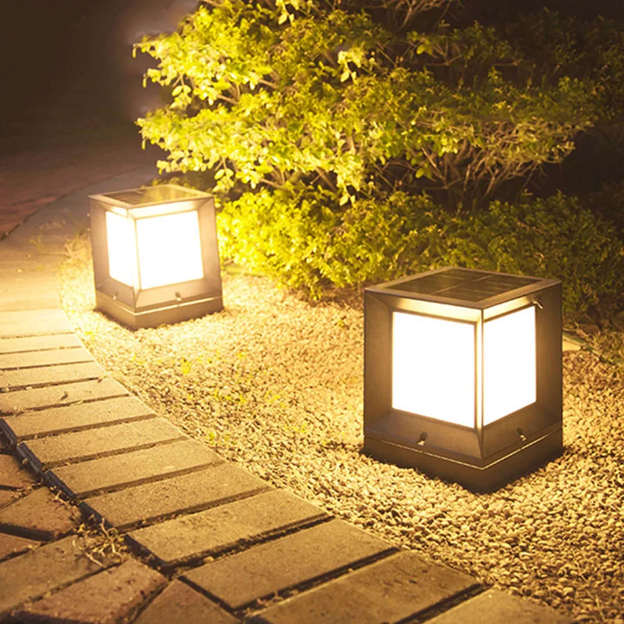 

Outdoor Garden Landscape Post Light Solar Pillar Light E27 Square Cube Column Light Villa Backyard Fence Pathway Bollard Lamp