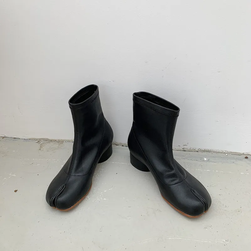New Autumn Stretch Ankle Boots Novelty Split Toe Boots Women Cozy Round Heel Genuine Leather Riding Booties Fashion Short Botas