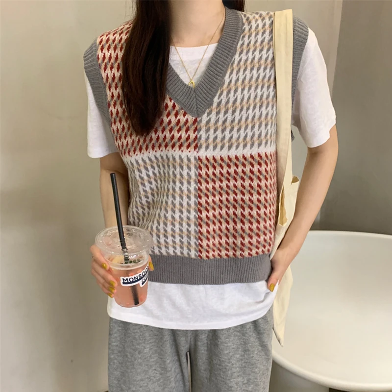

Vintage Houndstooth Sweater Vest Women Autumn Winter V Neck Color Contrast Knitted Vest Female Sleeveless Jacket chaleco mujer