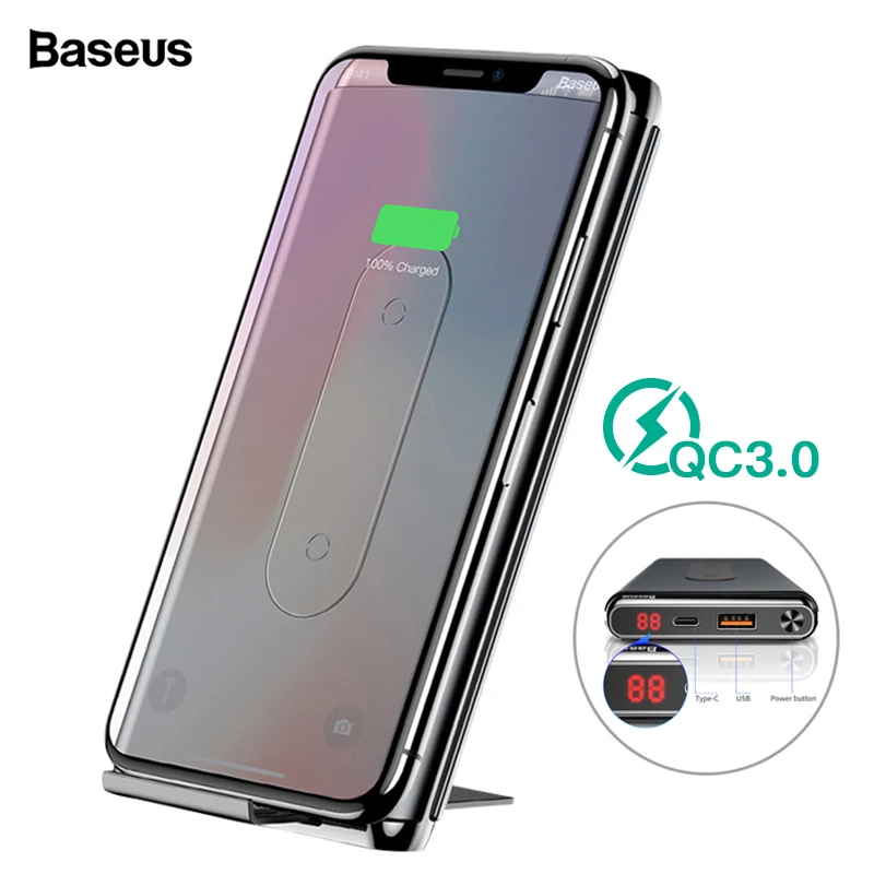 Baseus 10000 мАч QI Беспроводное зарядное устройство банка мощности для iPhone samsung PD+ QC3.0 Быстрая зарядка USB внешний аккумулятор