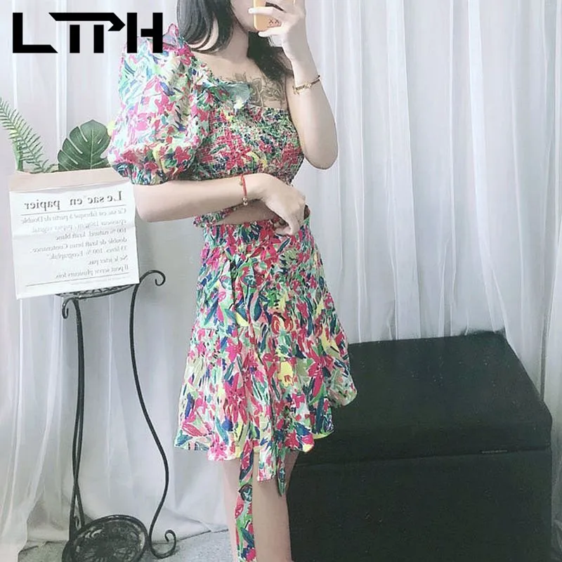 

LTPH Resort Casual Short Sets Print Outfits two piece set women Ruffles strapless Tops High Waist Shorts Skirts 2021 Summer New