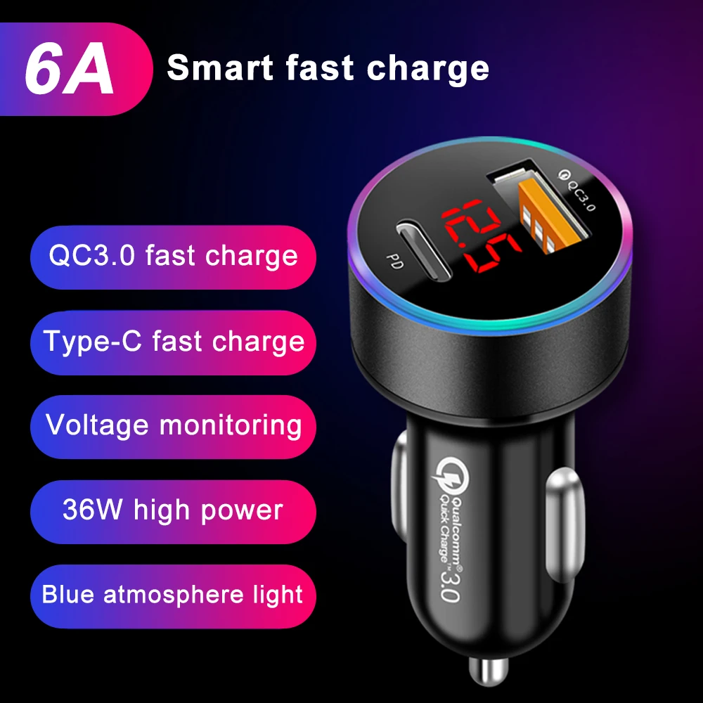 Автомобильное зарядное устройство USB мини ЖК дисплей 3 0 Quick Charge 6A 36 Вт Быстрая