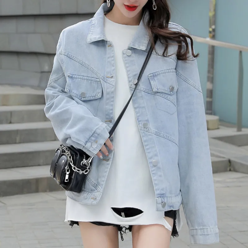 

Женская джинсовая куртка с отложным воротником, свободная офисная однотонная короткая куртка с длинным рукавом и принтом в стиле пэчворк, в...