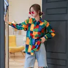 2021 Сезон: Весна-Лето Colorblock (цветовой блок), клетчатая футболка с печатным узором Hong Kong Стиль блуза с коротким рукавом модные женские на пуговицах одежда в Корейском стиле; Сезон осень