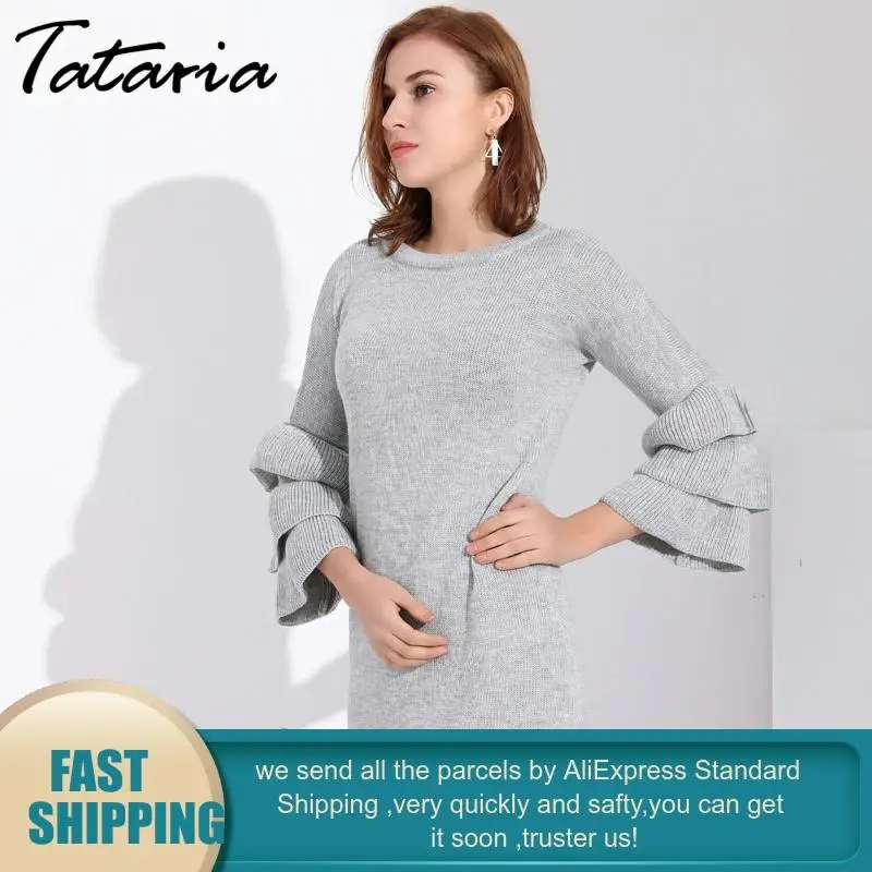 Вязаное платье-свитер для девочек с рукавом лотоса и круглым вырезом женское