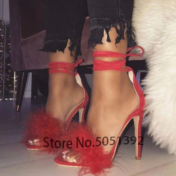 spesifikasi Hak Tinggi Bulu Stiletto Sandal Terbuka Toe Musim Panas Wanita Gaun Sepatu Satu Tali Ankle Dasi Memotong Cover Tumit Pengantin Sandal Sepatu