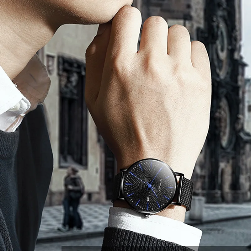 

Minimalist Mens Fashion Business Watches Men Ultra Thin Stainless Steel Mesh Belt Calendar Analog Quartz Watch Relogio Masculino