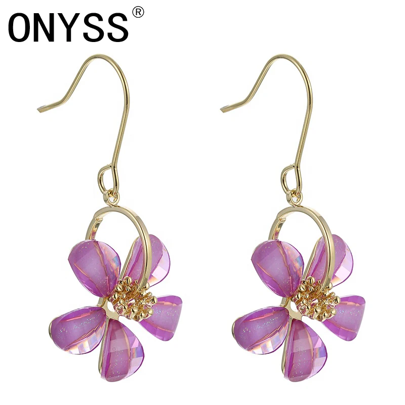

ONYSS Korean Earrings Rings Large Fashion Accessories Purple Flower Shape Hook Dangle Long Big Earring 2021