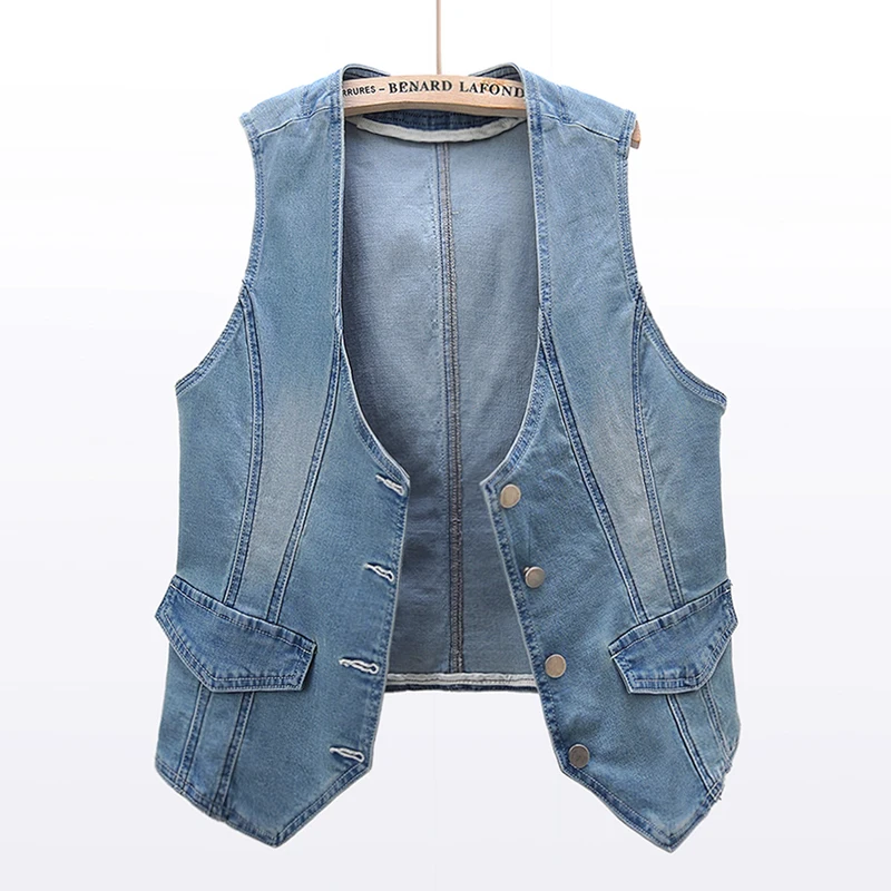 

Korean Fashion Elasticity Denim Vest Women Waistcoat Slim Short V-Neck Sleeveless Jacket Coat Spring Vintage Jeans Vests Female