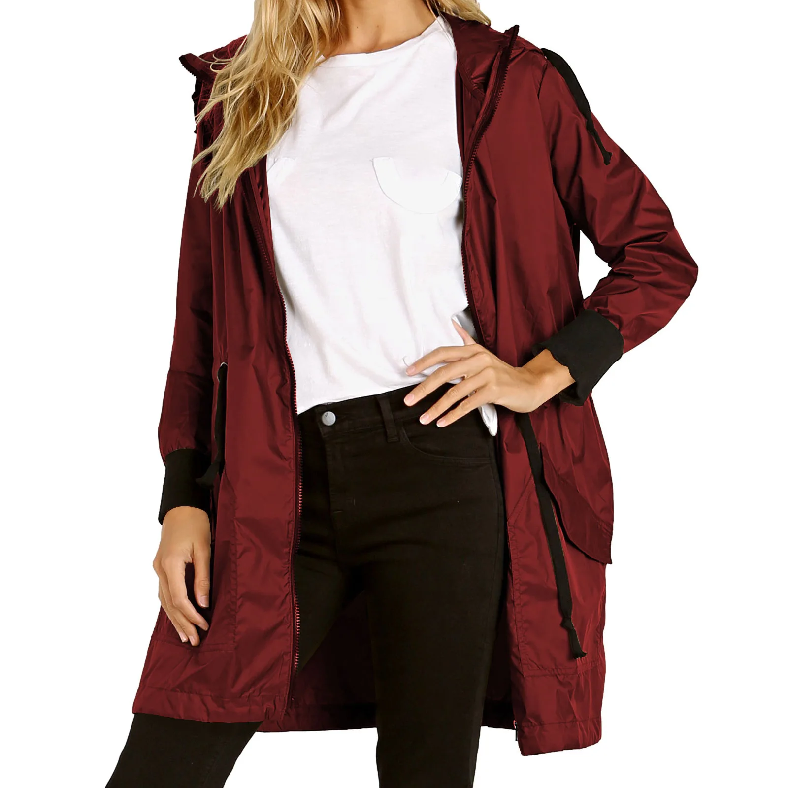 

WEPBEL Solid Color Lace Up Coat Women's Casual Pleated Coat Spring Autumn Long Sleeve Zipper Hooded Outdoor Climbing Jacket