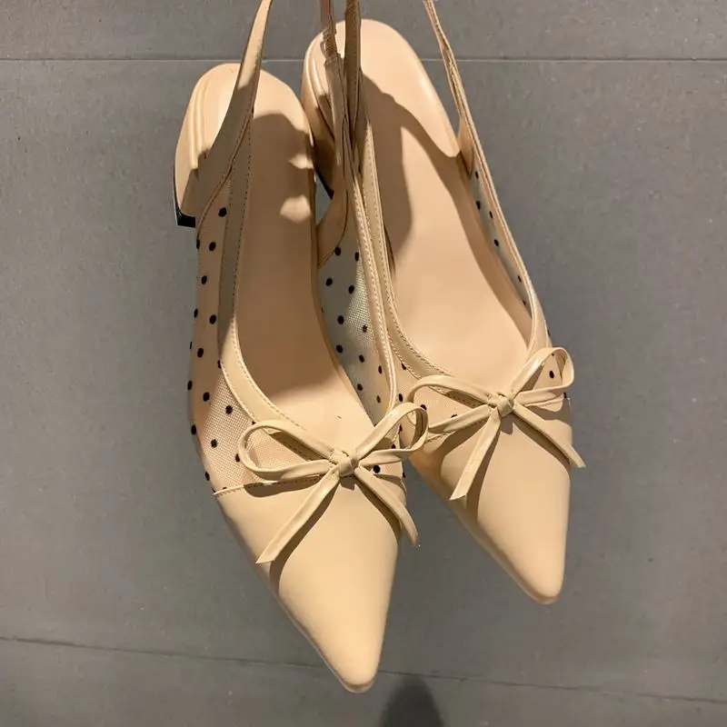 

ALLBITEFO size:34-43 genuine leather+mesh thick heels wedding women shoes sweet bowtie high heels shoes summer women sandals