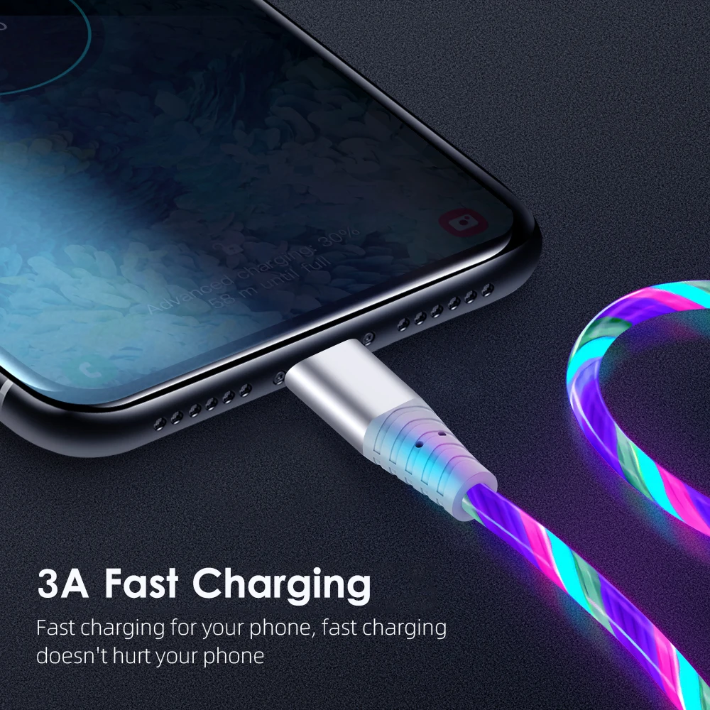 Glowing LED Cable 3A Fast Charging Cable Micro USB Type C High Speed Data Transfer Cable  Flowing Streamer Light LED USB C Cord
