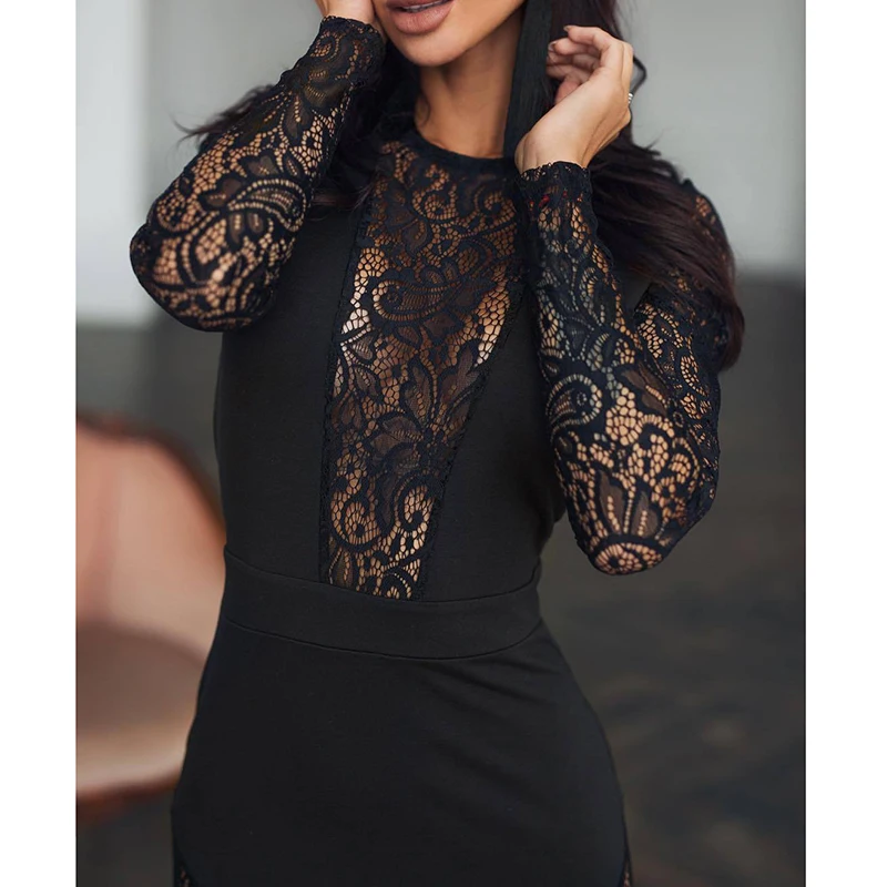 

Sexy Hollow Out Lace Patchwok Dress Long Sleeve Knee-length Bodycon Dresses Elegant Party Dress