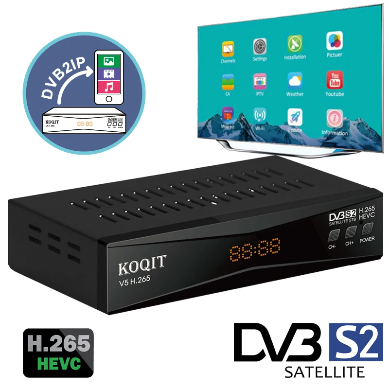 KOQIT V5H DVB2IP Receptor H.265 HEVC Satellite Receiver Satellite Decoder C/KU Band DVB S2 Streaming T2MI MeeCast TV Box Youtube