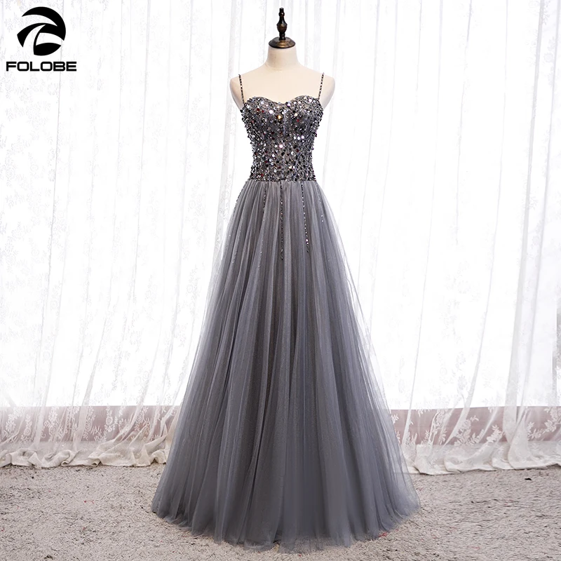 

2020 New Grey Evening Dresses Sweetheart Spaghetti Straps Sequins Beaded A line Prom Party Dress Gown Vestidos Custom Made