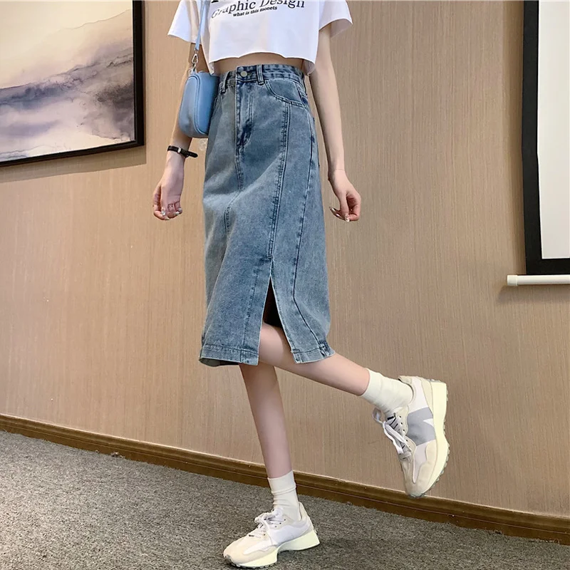 

Юбка А-силуэта с разрезом, тонкая легсветильник джинсовая юбка-футляр средней длины в Корейском стиле, с завышенной талией, летний топ