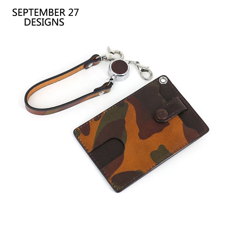 

New Fashion Retractable Bus Card Holders Genuine Leather Luxury Camouflage Color Tag Case Small ID Wallets Mini Purse Keychain