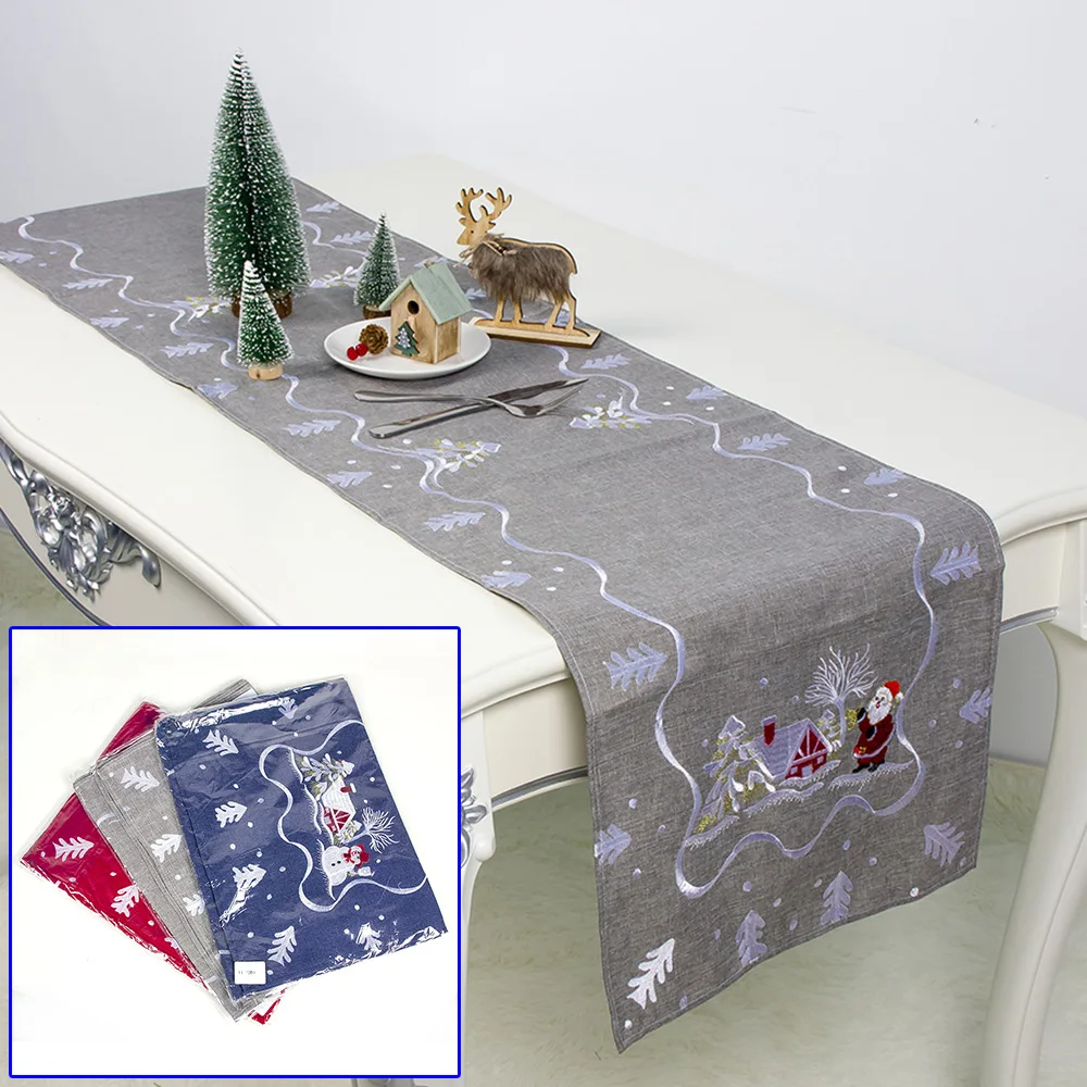

180*40cm Fabric Santa Claus Embroidery Table Runner Christmas Restaurant Home Tablecloth New Year Decoration