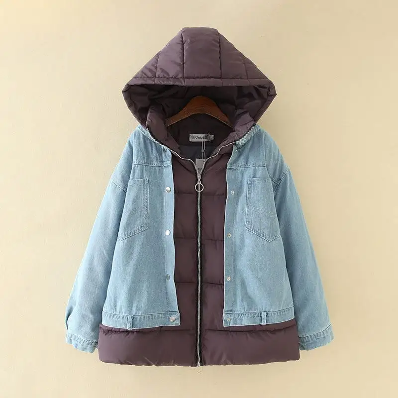 

Clearance Sale Plus Size Casual Parkas Winter Clothing Fashion Loose Hooded Denim Splice Warm thick Padded Coats Women S6-8732