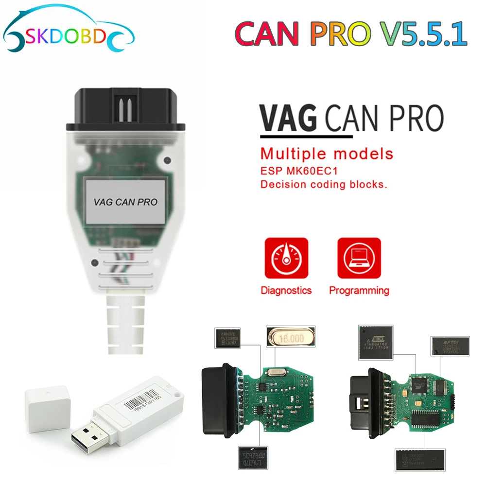 Диагностический Интерфейс VAG CAN PRO V5.5.1 с FTDI COM OBD2 поддерживает BUS K-Line UDS работает для