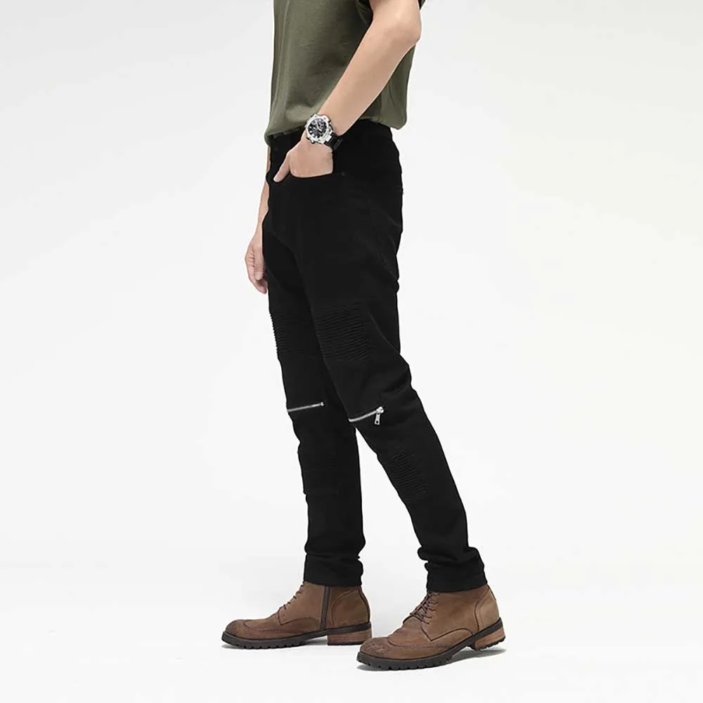 Retro Black Stretch Biker Jeans Slim Fit Knee Zipper Pleated Trousers Men Distressed Skinny Denim Streetwear Patchwork Joggers