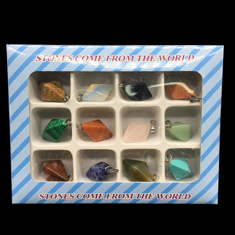 Natural Stone Square Pyramid Rose Quartz Pendants Tiger's Eye Opal Crystal Pendants fit Chakras Necklace Making