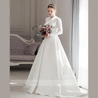 bride gown muslim o neck church satin bridal gowns full sleeves floor length zipper a line wedding dresses robe de mari%c3%a9e