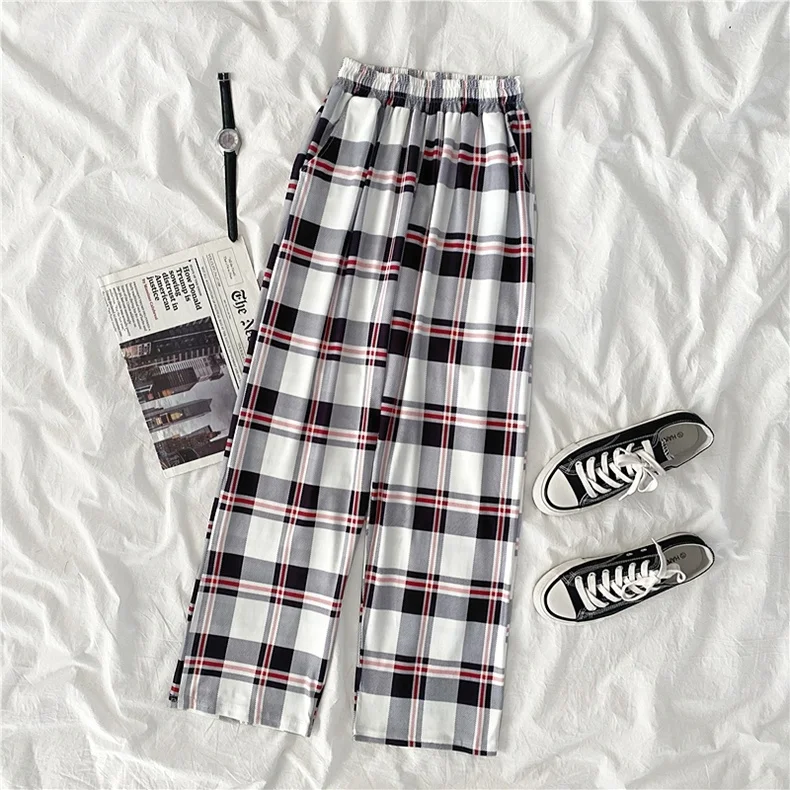 

Black-and-White Lattice Loose Pants Female Korean-style Loose Slimming and All-Matching Elastic Waist Casual Ankle-length Pants