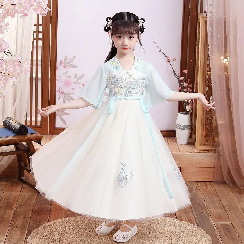 

Girls' Hanfu children's ancient summer short sleeve antique skirt Fairy Light yarn Tang dress