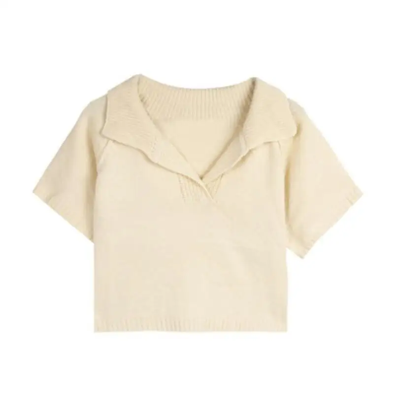 

2020 Summer Solid Color Knitted Turn Down Collar T Shirt Women Korean Short Sleeve T-shirt Ladies Tshirt Female Tops Tee JW9540