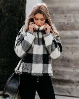 autumn winter thick plaid sweatshirts women stand collar zip up loose leisure pullovers black checkerboard pullover sweatshirts