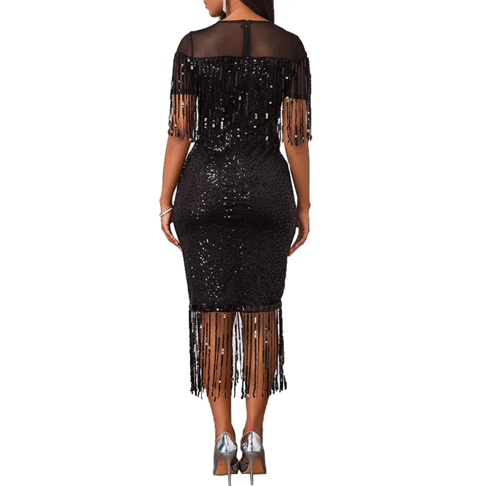 DYMADE Elegant Women Evening Dress Tassel Sequins Mid-calf Trumpet Party Gown 2020 New Female Black Formal Dresses Q30 | Свадьбы и
