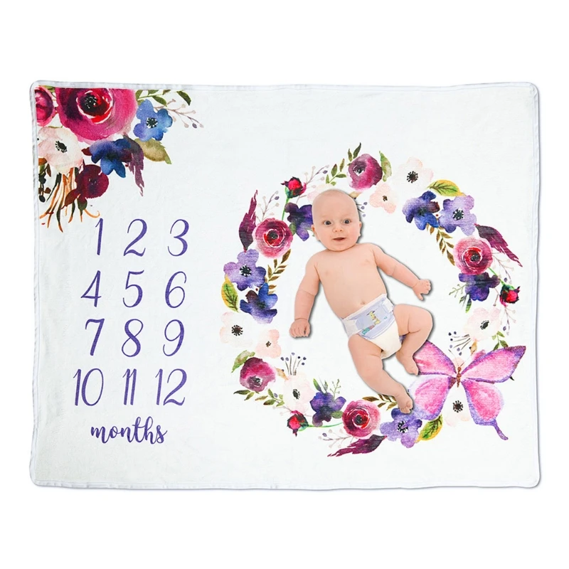 

Baby Monthly Record Growth Milestone Blanket Newborn Soft Flannel Floral Wreath Swaddle Wrap Photography Props Cloth