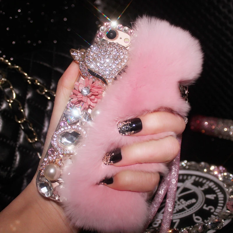 

Rabbit fur plush Handmade Case 3D Phone Cover for iPhone 7 8 11 12 13 x xs max pro plus Bing Crystal Diamond girl Gift Bracelet