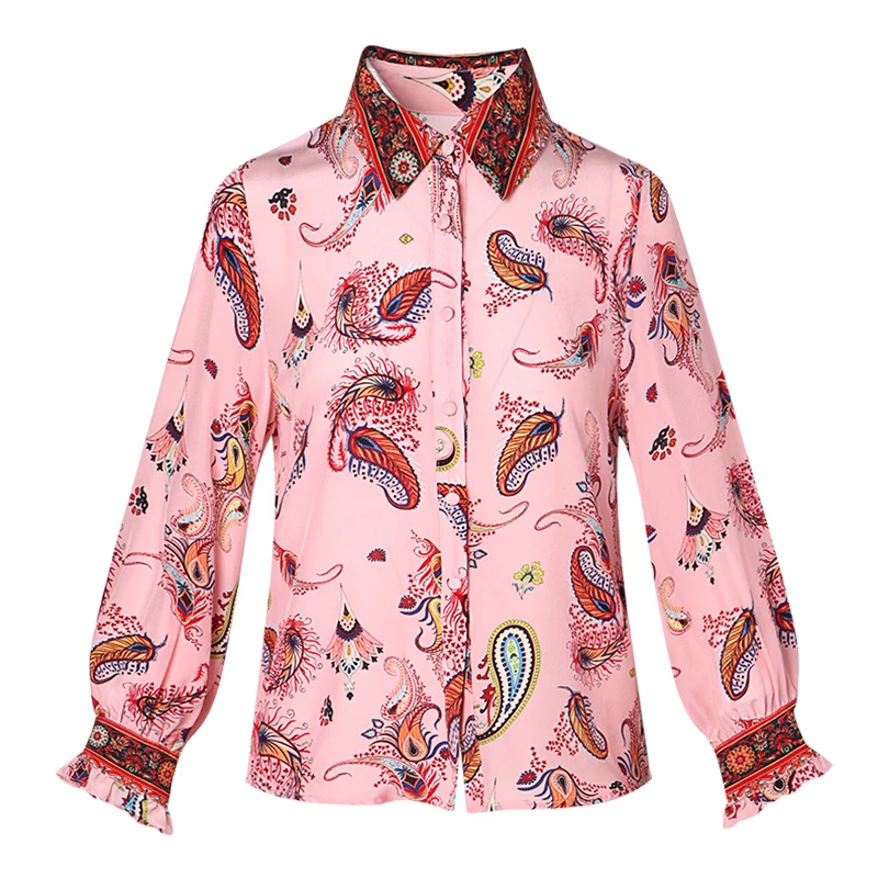 

100% Silk Women's Shirt Turn Down Collar Long Sleeves Printed Elegant High Street Fashion Blouse Camisa